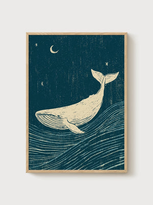 Whale Ocean Wall Art poster in oak frame