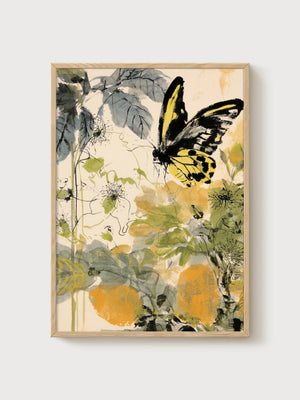 Watercolor Butterfly Print poster in oak frame