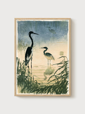 Blue Heron Wall Art poster in oak frame