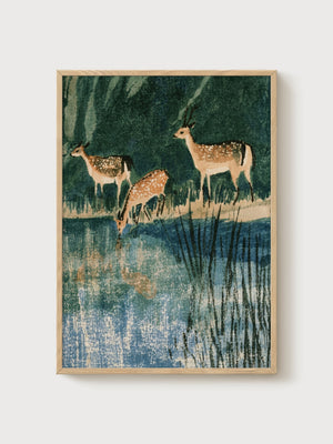 Deer Painting Forest Wall Art poster in oak frame