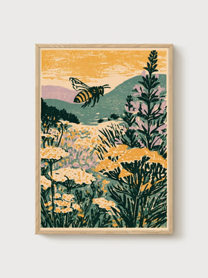 Vintage Bee Landscape Print poster in oak frame