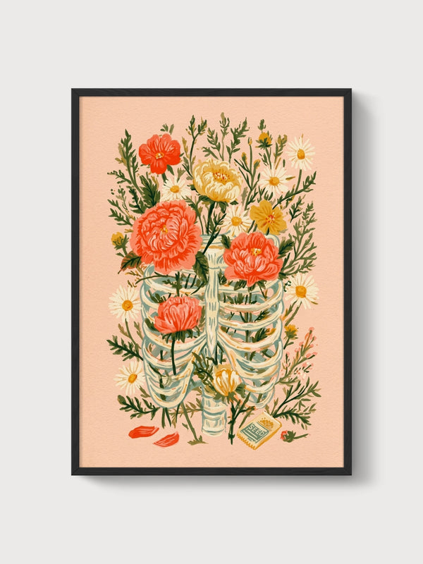 Floral Rib Cage Watercolor Art poster in black frame