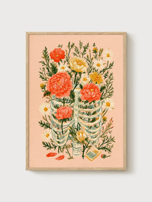 Floral Rib Cage Watercolor Art poster in oak frame
