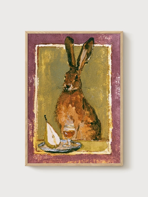 Hare with Wine and Pear Watercolor Painting poster in oak frame