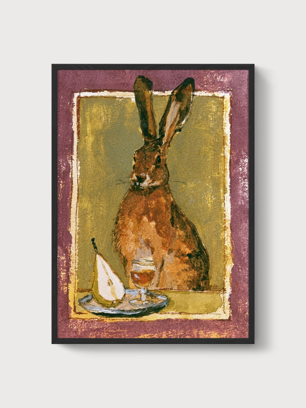 Hare with Wine and Pear Watercolor Painting poster in black frame