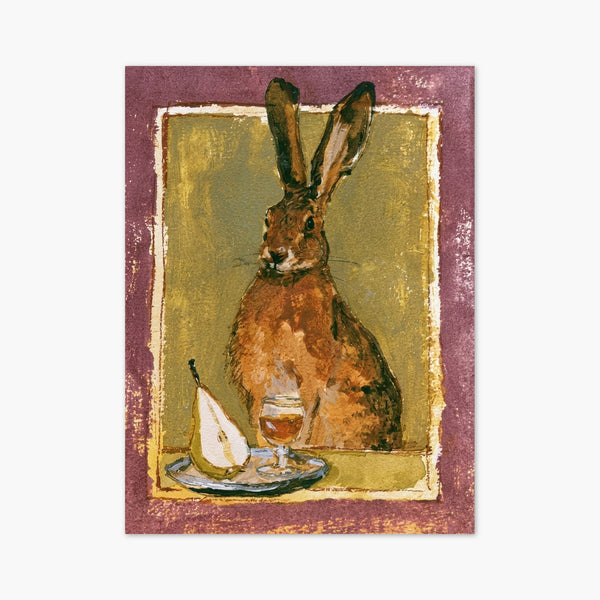 Hare with Wine and Pear Watercolor Painting art print