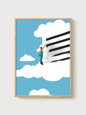Surreal Cloud Painter Pop Art Print poster in oak frame