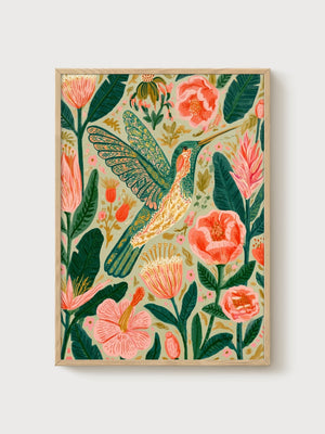 Hummingbird Art Print poster in oak frame