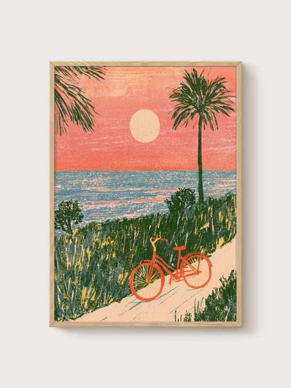 Retro Beach Sunset Poster poster in oak frame