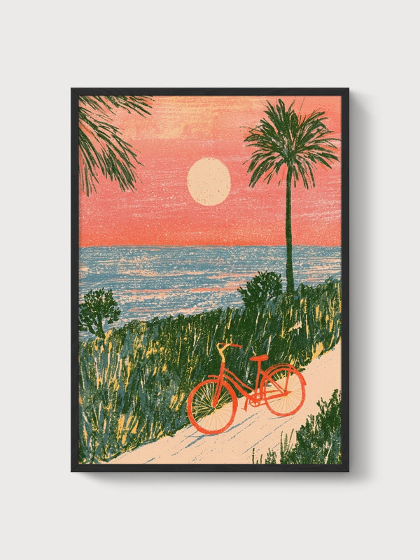 Retro Beach Sunset Poster poster in black frame