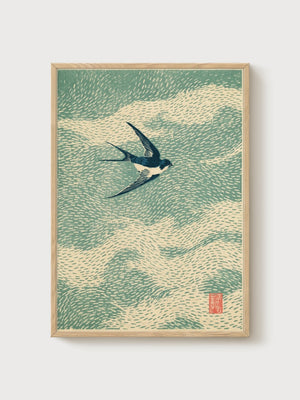 Japanese Bird Print poster in oak frame