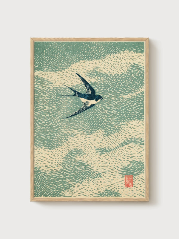 Japanese Bird Print poster in oak frame