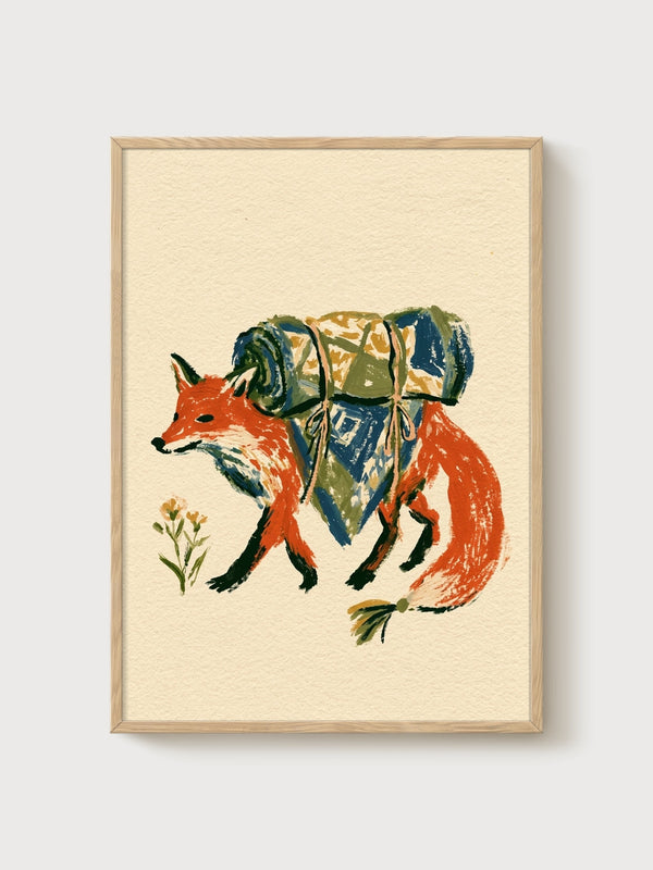 Fox Watercolor Print poster in oak frame