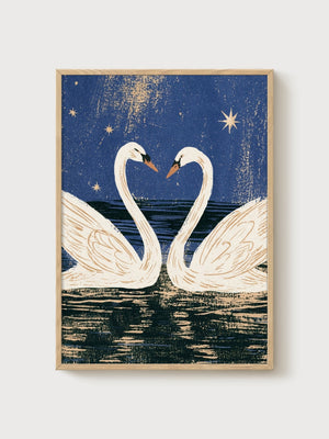 Swan Lovers Art Nouveau Print poster in oak frame
