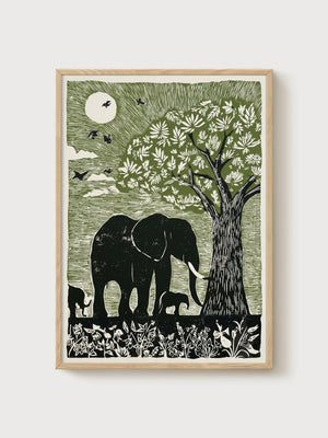 Elephant Wall Art poster in oak frame