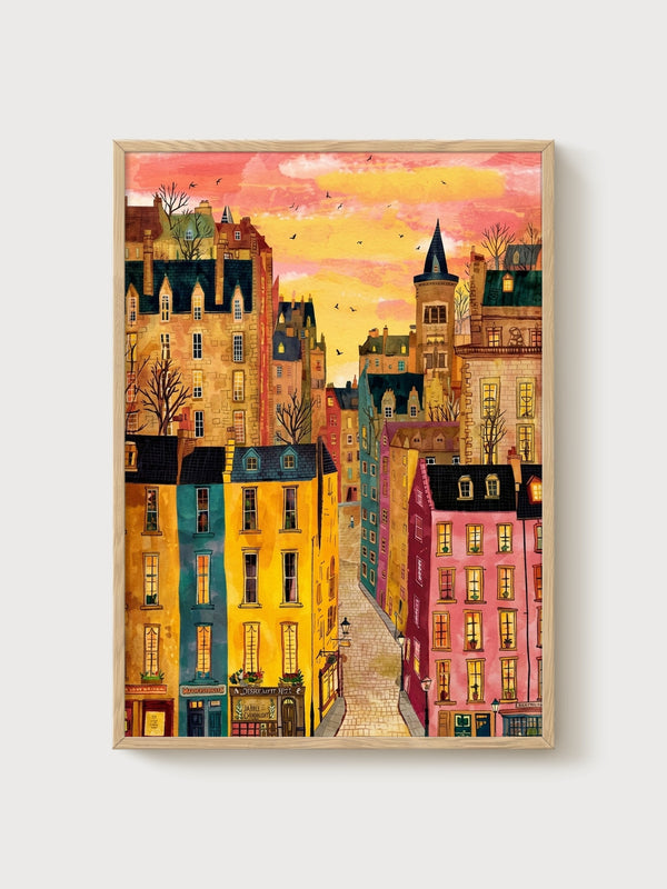 Watercolor Cityscape Poster poster in oak frame
