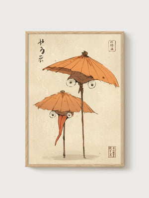 Ito Jakuchu Umbrella Yokai Print poster in oak frame