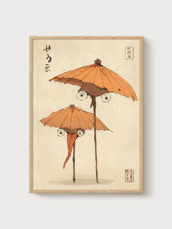 Ito Jakuchu Umbrella Yokai Print poster in oak frame