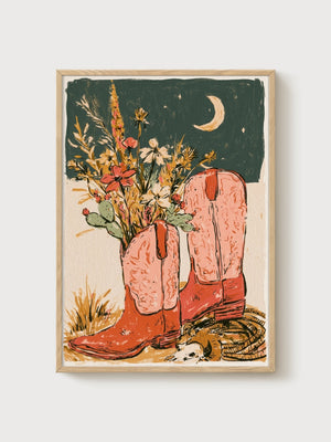 Cowgirl Boots Wildflower Bouquet Print poster in oak frame