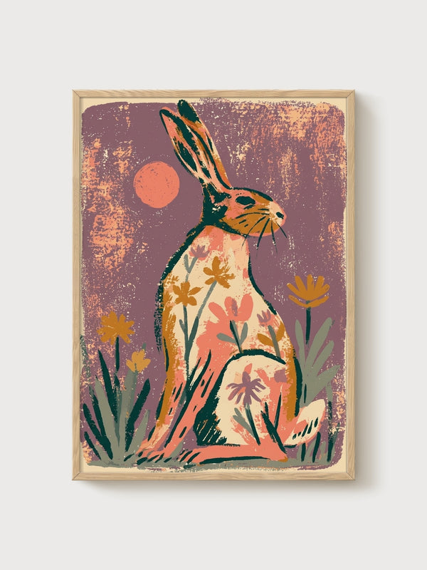Rabbit Wall Art poster in oak frame