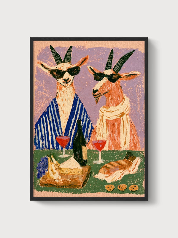 Quirky Goats Wine Picnic Poster poster in black frame
