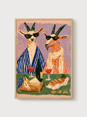 Quirky Goats Wine Picnic Poster poster in oak frame