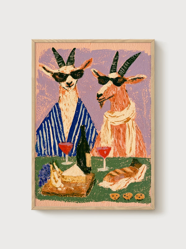 Quirky Goats Wine Picnic Poster poster in oak frame