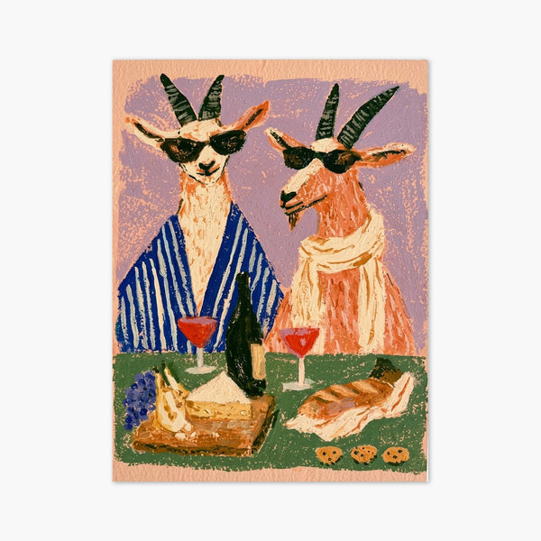 Quirky Goats Wine Picnic Poster art print
