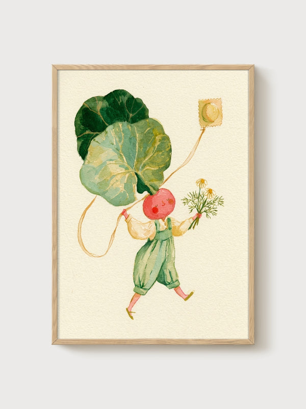 Whimsical Radish Character Watercolor Painting poster in oak frame