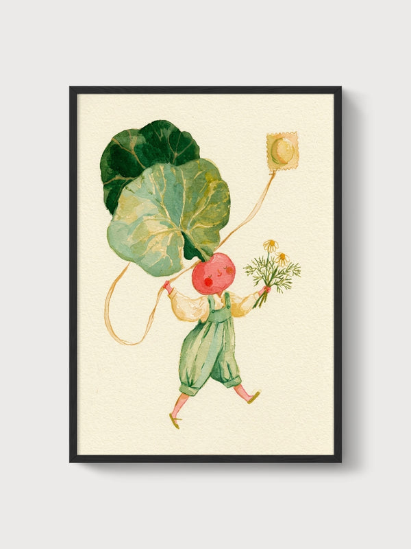 Whimsical Radish Character Watercolor Painting poster in black frame