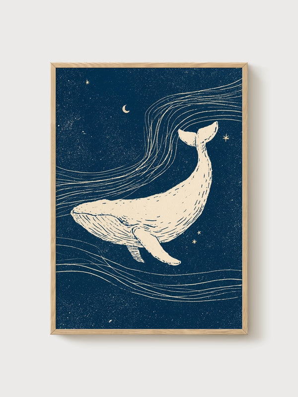 Whale Line Art Print poster in oak frame