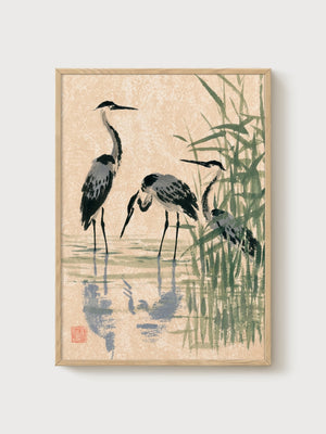 Blue Heron Wall Art poster in oak frame