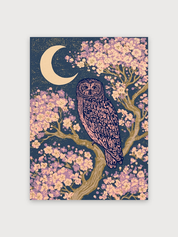 Moonlit Owl Cherry Blossom Night - Digital Download