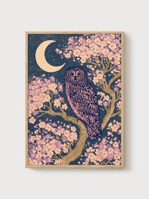 Owl Wall Art poster in oak frame