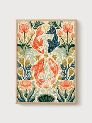 Koi Fish Wall Art poster in oak frame