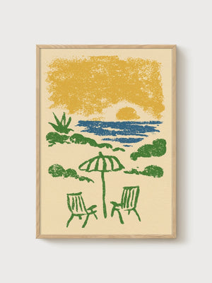 Retro Beach Sunset Poster poster in oak frame