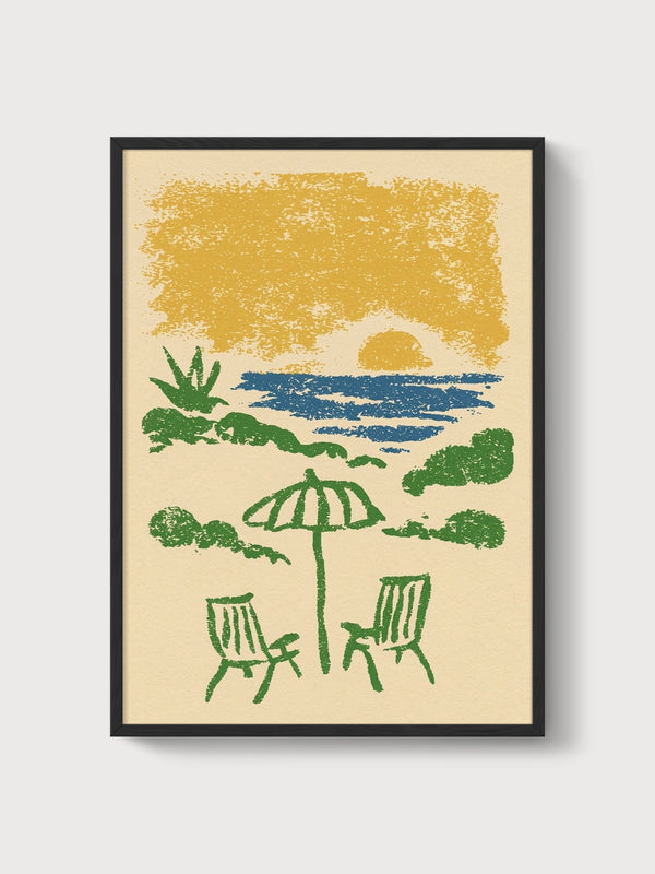 Retro Beach Sunset Poster poster in black frame