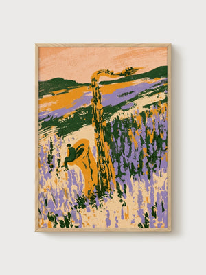 Retro Lavender Field Poster poster in oak frame