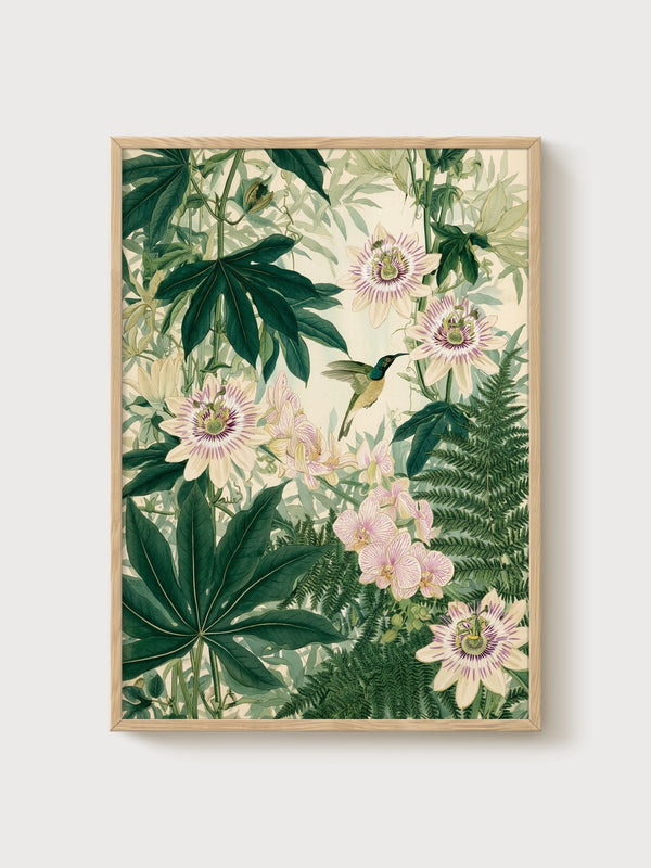 Hummingbird Art Print poster in oak frame