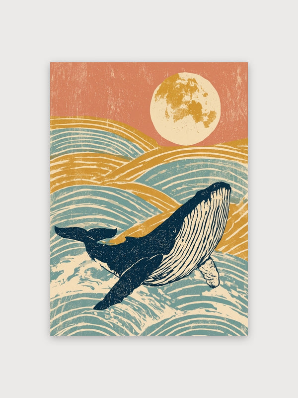 Retro Whale Moon Ocean Waves - Digital Download