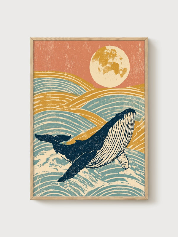 Whale and Moon Ocean Wall Art poster in oak frame