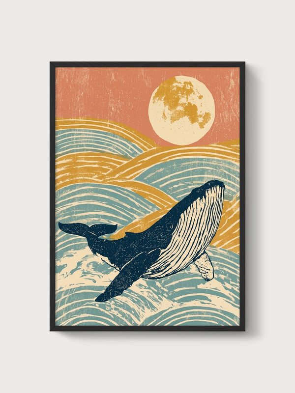 Whale and Moon Ocean Wall Art poster in black frame
