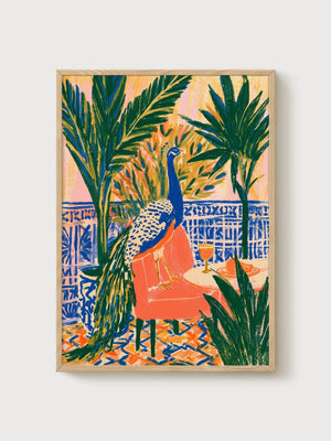 Peacock Wall Art poster in oak frame