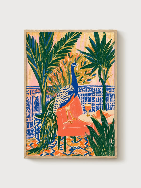 Peacock Wall Art poster in oak frame