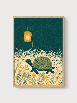 Turtle Lantern Print poster in oak frame