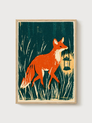 Fox Art Print poster in oak frame