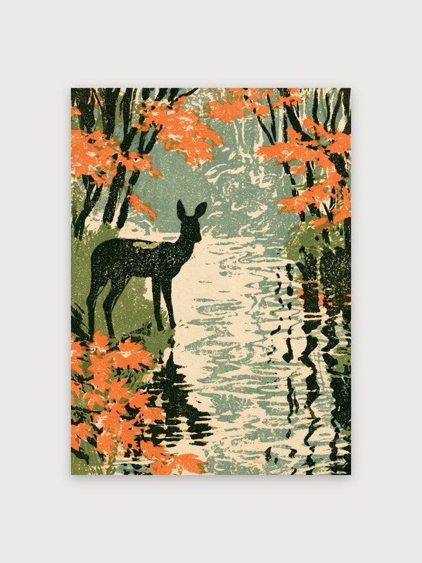 Vintage Deer Stream Orange Flowers - Digital Download