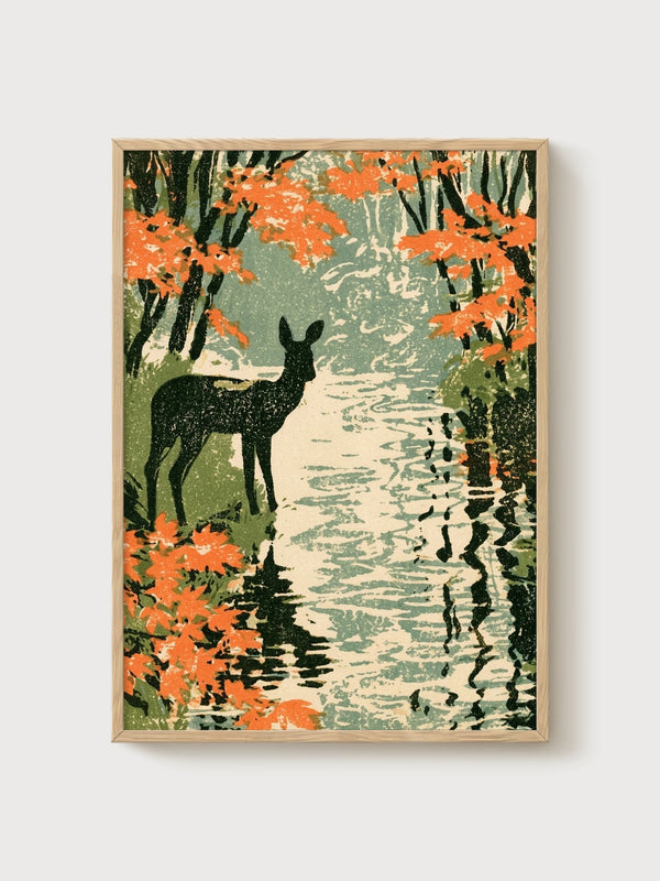 Deer Painting Print poster in oak frame