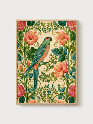 Parrot Wall Art poster in oak frame