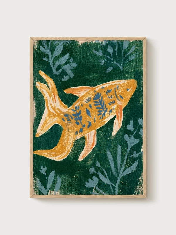 Koi Fish Wall Art poster in oak frame